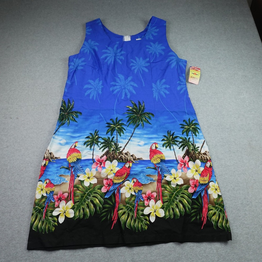 Pacific Legend Hawaiian Dress Womens 2XL Blue Parrot Tropical Cotton Aloha Shift